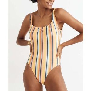 Madewell Cornsilk Sage Stripe Square-Neck One-Piece Swimsuit